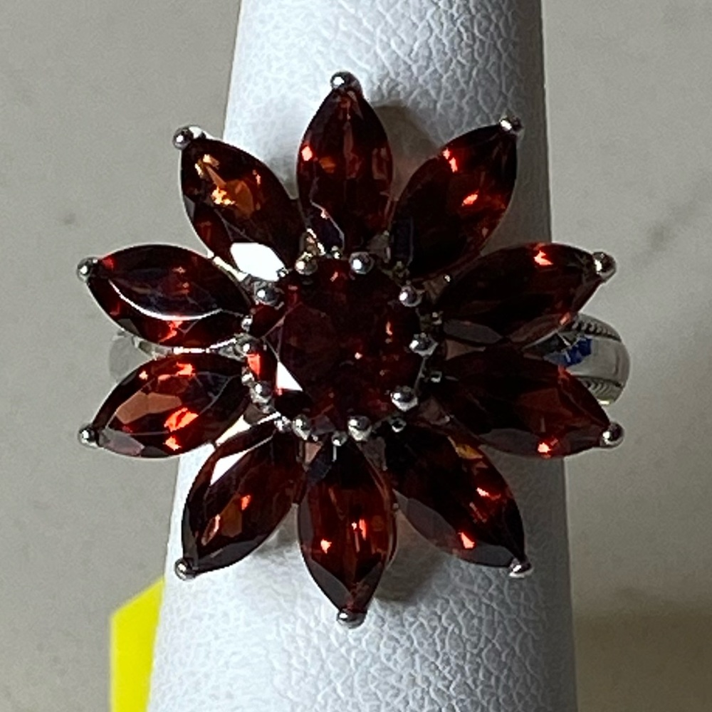 Garnet Flower Ring, Platinum over Sterling Silver